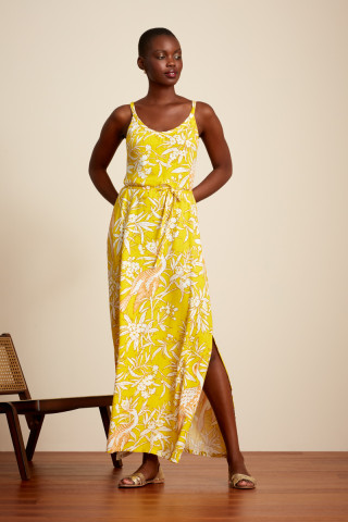 Tropical Poly Silk Dress Three way Dress Yellow